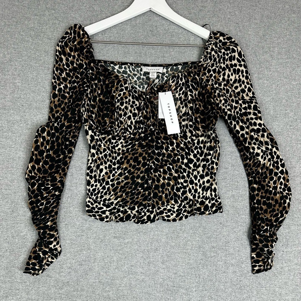 Topshop Blouse Womens US 4 UK 8 Leopard Print Long Sleeve Ruched‎ Top NEW